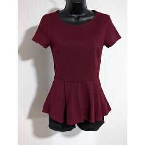 Forever 21 Burgundy Red Peplum Blouse Top Short Sleeve Zip Back Small